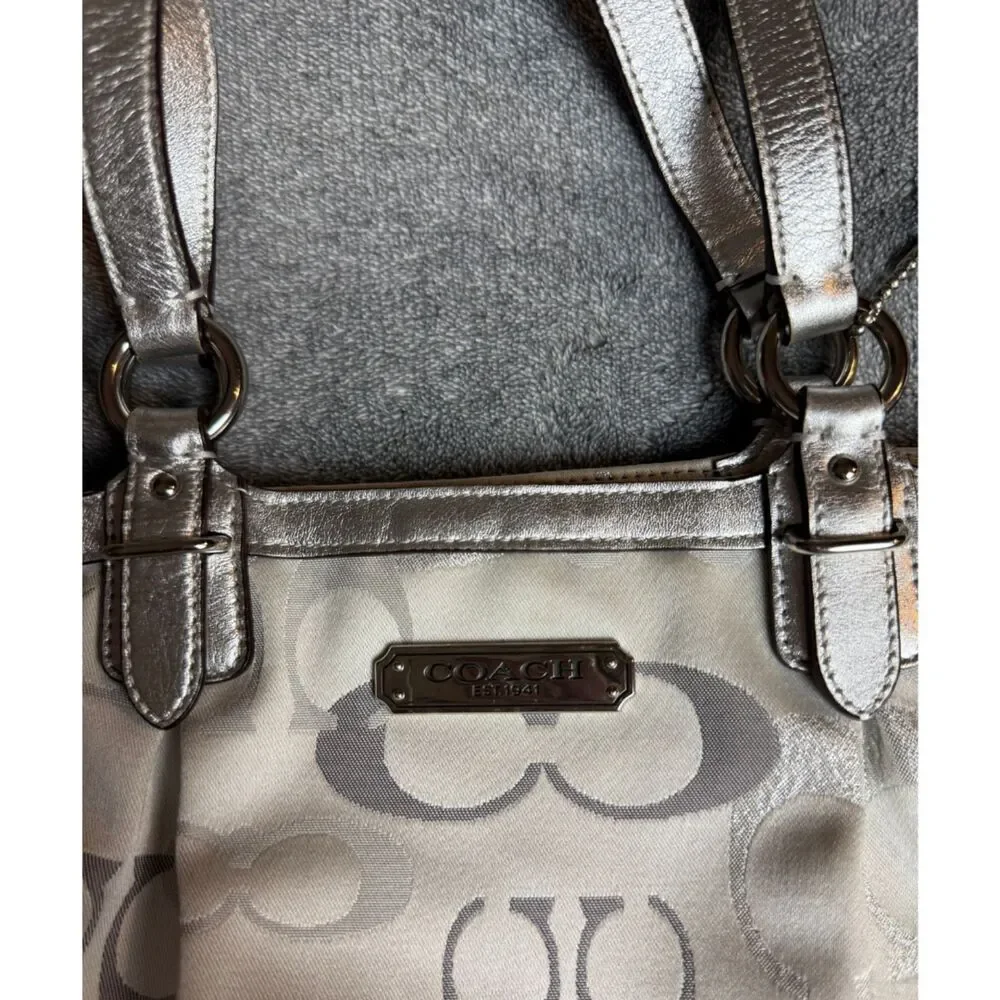 Coach Silver Metallic Signature Jacquard Tote Shoulder Bag Pink